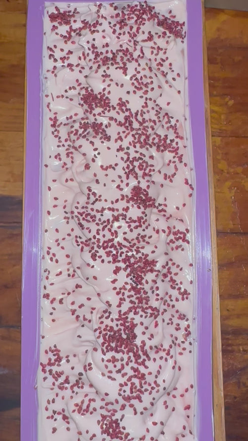 Cranberry Swirl Soap topped with Cranberry Seeds